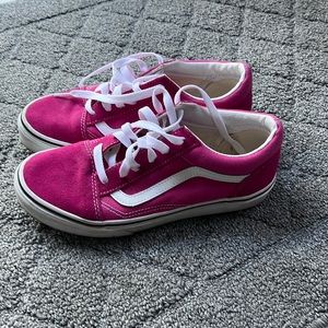 Dark pink and white vans.